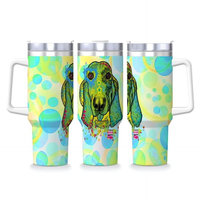 Tumbler mit Hundemotiv Paolo - Edelstahl, Becher, 1L, mit Strohhalm, bunt, Motive in Digitaler Popart, Mischling, Mix, Basset Hound