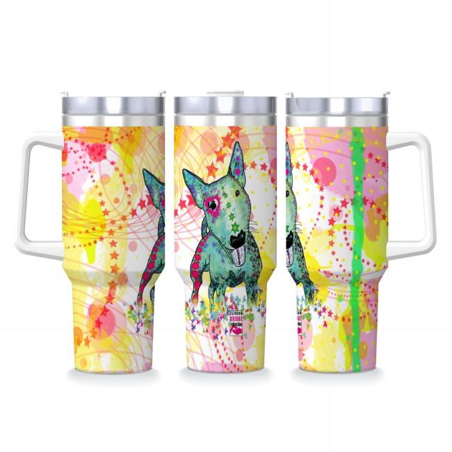 Tumbler mit Hundemotiv Paul - Edelstahl, Becher, 1L, mit Strohhalm, bunt, Motive in Digitaler Popart, Bullterrier, Bulli, SOKA, Listenhund, Mini