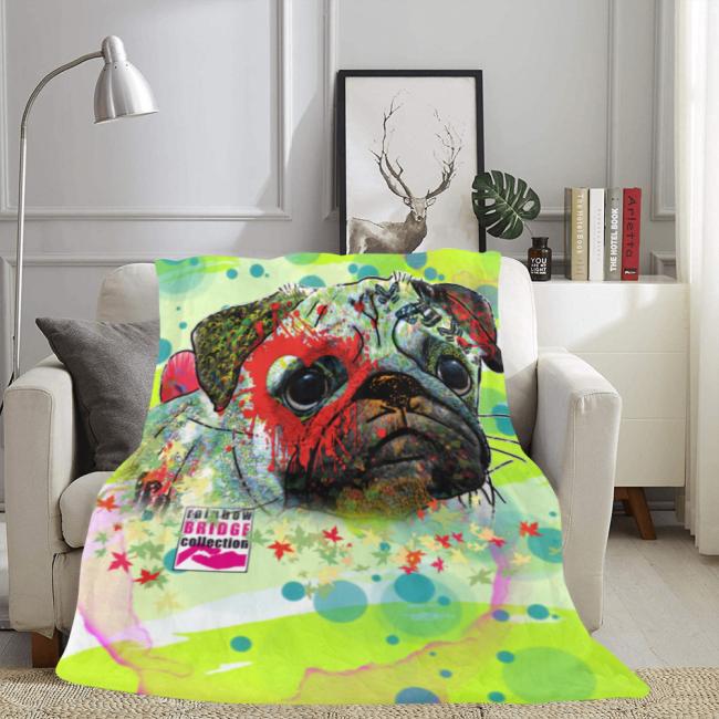 Preview: Decke Rex2 -  Fleecedecke, kuschlig, weich, bunt, Motive in Digitaler Popart, 152cm x 203cm, bunte, Mops, Pug, Mix