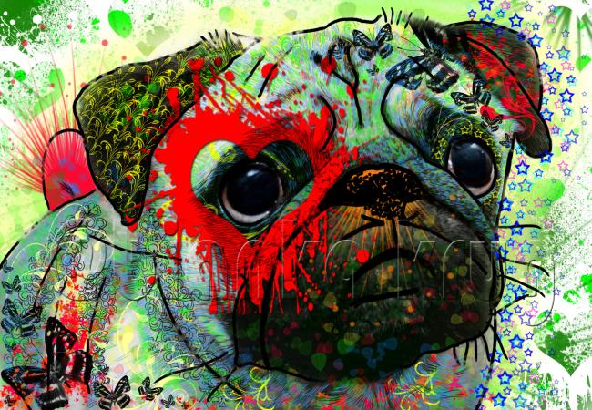 Hundemotiv Rex2 - Bild auf Leinwand, Kunstdruck, Popart, Bunt,  Mops, Pug, Mix, Grün, Rot, 40cm, 60cm, 100cm