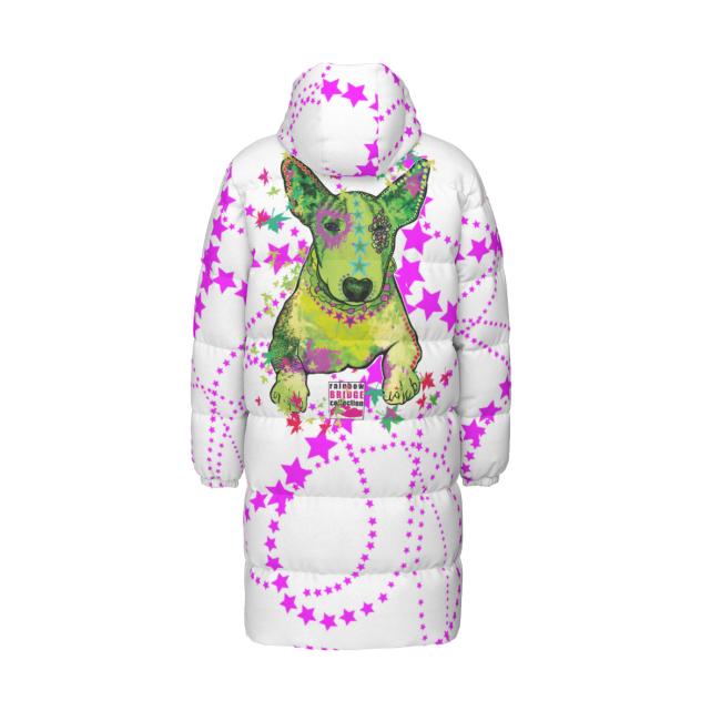 Warme Wintermantel mit Hundemotiv Roxy – Popart Hundemotiv, 90% Daunen, 10% Federn, bunt, stylisch, Mini, Bullterrier, Bulli, Soka, Größe XS- 4XL