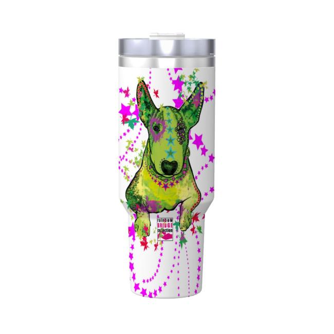 Preview: Tumbler mit Hundemotiv Roxy - Edelstahl, Becher, 1L, mit Strohhalm, bunt, Motive in Digitaler Popart, SOKA, Listenhund, Bullterrier, Bulli