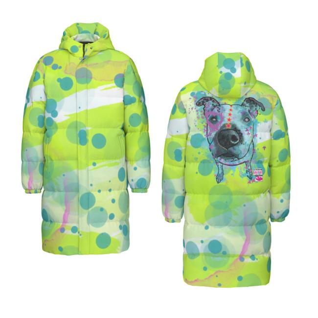 Warme Wintermantel mit Hundemotiv Sancho – Popart Hundemotiv, 90% Daunen, 10% Federn, bunt, stylisch, AmStaff, Staff, Staffordshire, Pitbull, Pit, Soka, Größe XS- 4XL
