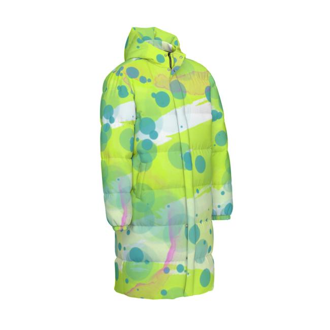 Preview: Warme Wintermantel mit Hundemotiv Sancho – Popart Hundemotiv, 90% Daunen, 10% Federn, bunt, stylisch, AmStaff, Staff, Staffordshire, Pitbull, Pit, Soka, Größe XS- 4XL