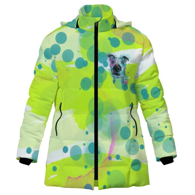 Warme Winterjacke mit Hundemotiv Sancho – Popart Hundemotiv, 96% Polyester, 4% Spandex Unisex, bunt, warm, stylisch, modern, Amstaff, Staff, Staffordshire, Pitbull, Pit, Größe S-6XL,