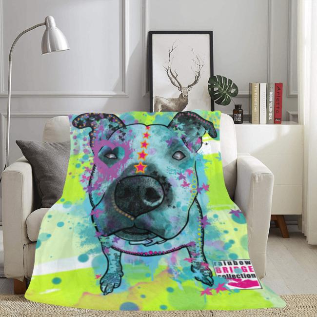 Preview: Decke Sancho -  Fleecedecke, kuschlig, weich, bunt, Motive in Digitaler Popart, 152cm x 203cm, bunt, Staff, Amstaff, Staffordshire, Soka, Listenhund, Bollerkopf, Mix