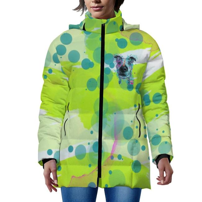 Preview: Warme Winterjacke mit Hundemotiv Sancho – Popart Hundemotiv, 96% Polyester, 4% Spandex Unisex, bunt, warm, stylisch, modern, Amstaff, Staff, Staffordshire, Pitbull, Pit, Größe S-6XL,