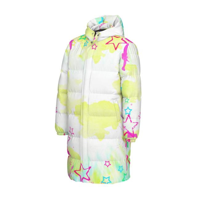 Preview: Warme Wintermantel mit Hundemotiv Sienna – Popart Hundemotiv, 90% Daunen, 10% Federn, bunt, stylisch, Windhund, Langhaar, Größe XS- 4XL