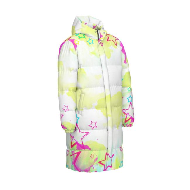 Preview: Warme Wintermantel mit Hundemotiv Sienna – Popart Hundemotiv, 90% Daunen, 10% Federn, bunt, stylisch, Windhund, Langhaar, Größe XS- 4XL