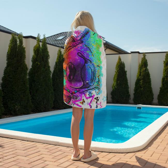 Preview: Badehandtuch Sunny – Popart-Hundemotiv, 75x165 cm, 100 % Polyester, weich & schnelltrocknend, Golden Retriever