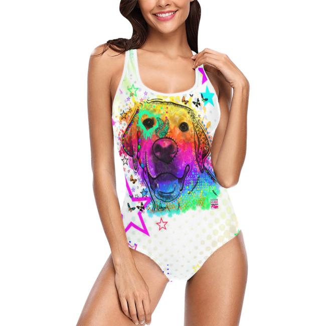 Badeanzug Hundemotiv Sunny -  85% Polyester, 15% Spandex, Wasserecht, mit Innenfutter, bunt, Golden Retriever, Mischling, Mix