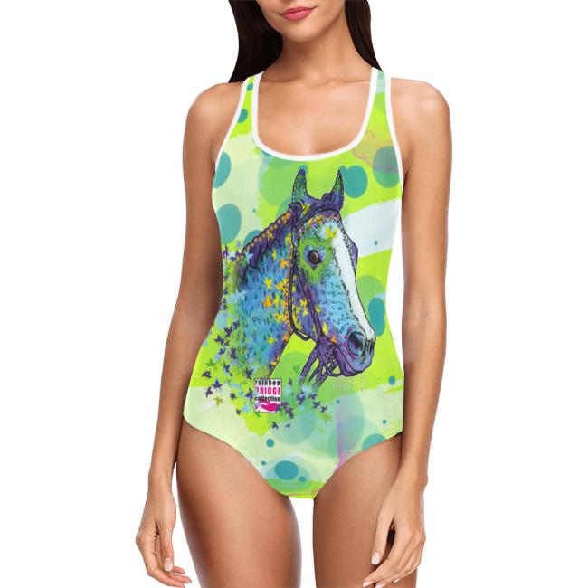 Preview: Badeanzug Pferdemotiv Tasci -  85% Polyester, 15% Spandex, Wasserecht, mit Innenfutter, bunt, Rennpferd
