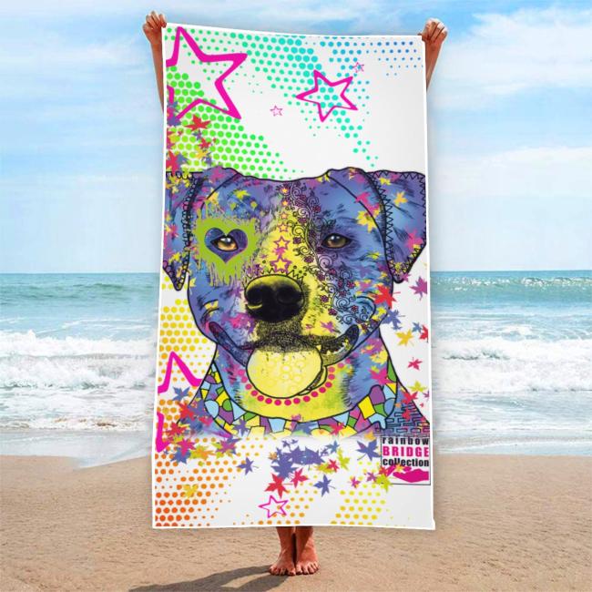 Strandtuch, Badetuch, Saunatuch mit buntem Hundemotiv in digitaler Popart mit Hunde Motiv Tayra