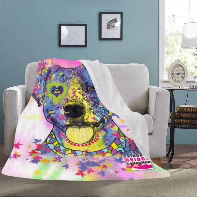 Preview: Decke Tayra -  Fleecedecke, kuschlig, weich, bunt, Motive in Digitaler Popart, 152cm x 203cm, bunt, Staff, Amstaff, Staffordshire, Soka, Listenhund, Bollerkopf, Mix