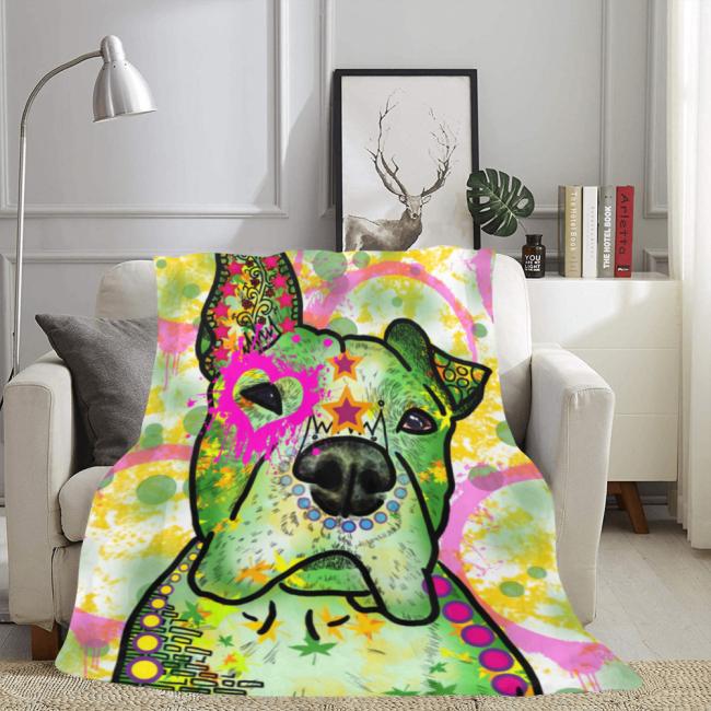 Preview: Decke Tyson -  Fleecedecke, kuschlig, weich, bunt, Motive in Digitaler Popart, 152cm x 203cm, bunt, Staff, Amstaff, Staffordshire, Soka, Listenhund, Bollerkopf, Mix