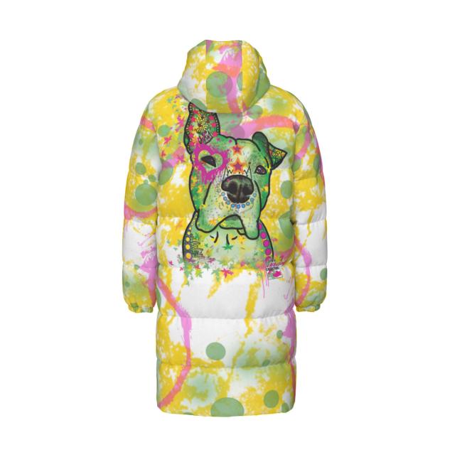 Warme Wintermantel mit Hundemotiv Tyson– Popart Hundemotiv, 90% Daunen, 10% Federn, bunt, stylisch, AmStaff, Staff, Staffordshire, Pitbull, Pit, Soka, XXL Bully, Größe XS- 4XL
