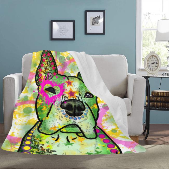 Preview: Decke Tyson -  Fleecedecke, kuschlig, weich, bunt, Motive in Digitaler Popart, 152cm x 203cm, bunt, Staff, Amstaff, Staffordshire, Soka, Listenhund, Bollerkopf, Mix