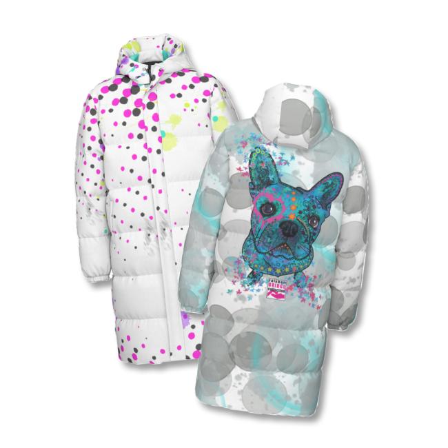 Warme Wintermantel mit Lieblingsmotiv von RBC – Popart Hundemotiv, 90% Daunen, 10% Federn, bunt, stylisch