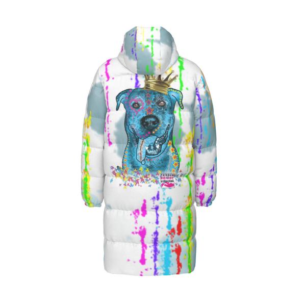 Warme Wintermantel mit Hundemotiv Alec – Popart Hundemotiv, 90% Daunen, 10% Federn, bunt, stylisch, Schäferhund, Rottweiler, Mix, SOKA, Listenhund, Größe XS- 4XL