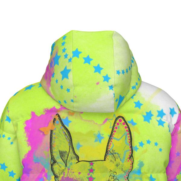 Warme Wintermantel mit Hundemotiv Amy3– Popart Hundemotiv, 90% Daunen, 10% Federn, bunt, stylisch, AmStaff, Staff, Staffordshire, Pitbull, Pit, Soka, Größe XS- 4XL