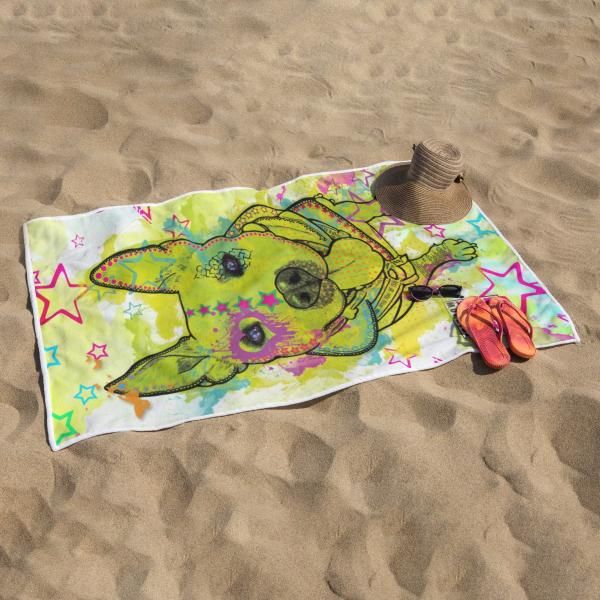 Strandtuch, Badetuch, Saunatuch mit buntem Hundemotiv in digitaler Popart mit Hunde Motiv Amy3