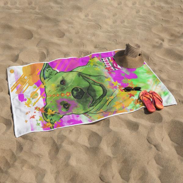 Strandtuch, Badetuch, Saunatuch mit buntem Hundemotiv in digitaler Popart mit Hunde Motiv Angel