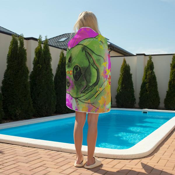 Strandtuch, Badetuch, Saunatuch mit buntem Hundemotiv in digitaler Popart mit Hunde Motiv Angel