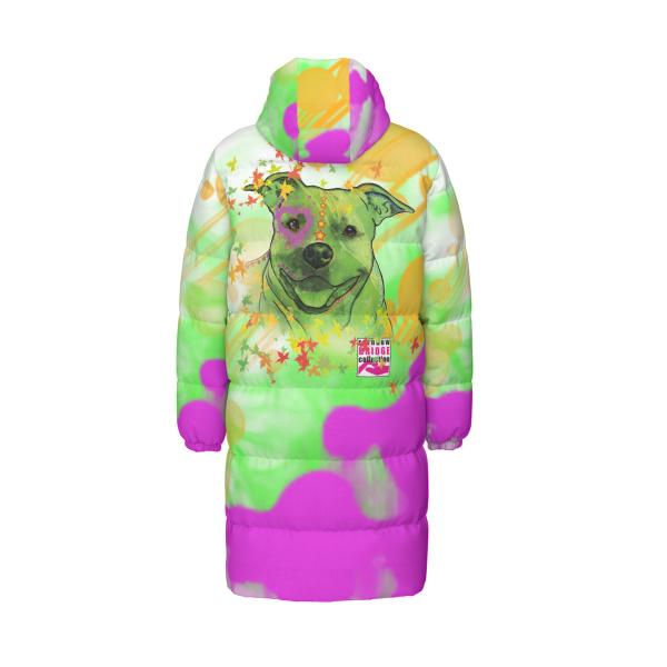 Warme Wintermantel mit Hundemotiv Angel– Popart Hundemotiv, 90% Daunen, 10% Federn, bunt, stylisch, AmStaff, Staff, Staffordshire, Pitbull, Pit, Soka, Größe XS- 4XL