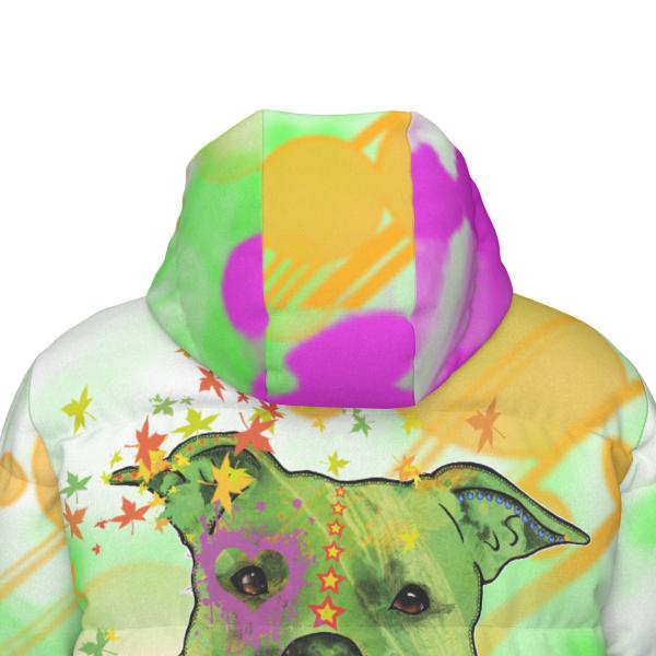 Warme Wintermantel mit Hundemotiv Angel– Popart Hundemotiv, 90% Daunen, 10% Federn, bunt, stylisch, AmStaff, Staff, Staffordshire, Pitbull, Pit, Soka, Größe XS- 4XL