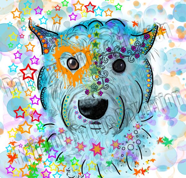 Das Bild Zeigtden West HighlandTerrier Anton in digitalerPopartmit dickenOutlinesin bläulichen Tönen und viel bunten Sternen