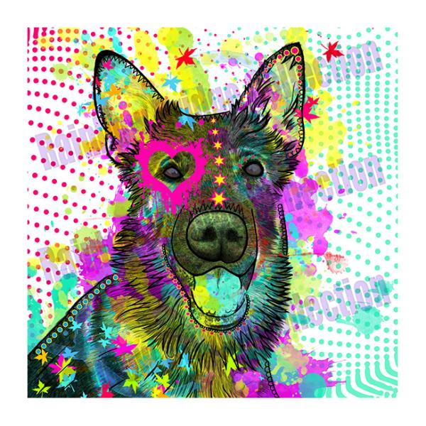Auf dem Bild ist Bootsmann zu sehen: ein Schäferhund-Mischling. Gemalt im digitalen Popar Design mit dicken Outlines.