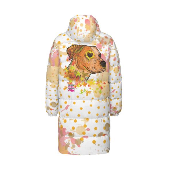 Warme Wintermantel mit Hundemotiv Bumsi– Popart Hundemotiv, 90% Daunen, 10% Federn, bunt, stylisch, AmStaff, Staff, Staffordshire, Pitbull, Pit, Soka, Größe XS- 4XL
