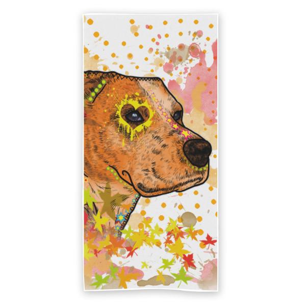 Strandtuch, Badetuch, Saunatuch mit buntem Hundemotiv in digitaler Popart mit Hunde Motiv Bumsi