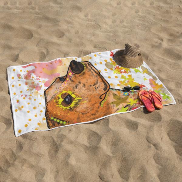 Strandtuch, Badetuch, Saunatuch mit buntem Hundemotiv in digitaler Popart mit Hunde Motiv Bumsi