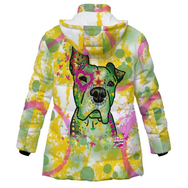 Warme Winterjacke mit Hundemotiv Calli – Popart Hundemotiv, 96% Polyester, 4% Spandex Unisex, bunt, Größe S-6XL, Mix, Mischlingh, AmStaff, Staff, Stafordshire, Pitbull, Pit , XXL Bully