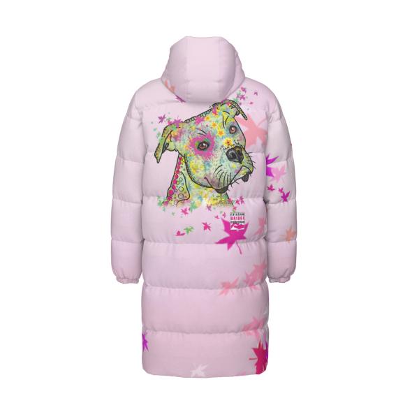 Warme Wintermantel mit Hundemotiv Calli Callmund – Popart Hundemotiv, 90% Daunen, 10% Federn, bunt, stylisch, AmStaff, Staff, Staffordshire, Pitbull, Pit, Soka, XXL Bulli, Größe XS- 4XL