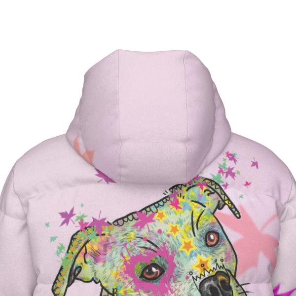 Warme Wintermantel mit Hundemotiv Calli Callmund – Popart Hundemotiv, 90% Daunen, 10% Federn, bunt, stylisch, AmStaff, Staff, Staffordshire, Pitbull, Pit, Soka, XXL Bulli, Größe XS- 4XL
