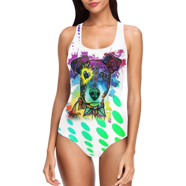 Badeanzug Hundemotiv Chiquito - 85% Polyester, 15% Spandex, Wasserecht, mit Innenfutter, bunt, Ratonero Bodeguero Andaluz, Mischling, Mix, Größe XS-5XL, Bademode