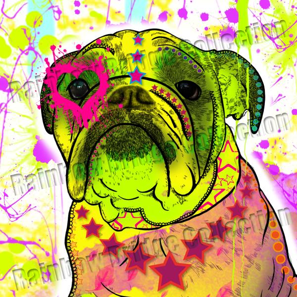 Hundemotiv Cindy - Bild auf Leinwand, Kunstdruck, Popart, Bunt, Hundemotiv, Englische Bulldogge, English Bulldog, Bully, Gelb, Lila, 40cm, 60cm, 100cm