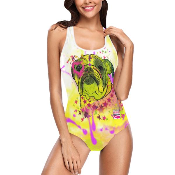 Badeanzug Hundemotiv Cindy - 85% Polyester, 15% Spandex, Wasserecht, mit Innenfutter, Größe XS-5XL, Bademode, Englische Bulldogge, English Bulldog, Bully, SOKA, Listenhund