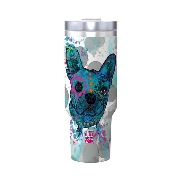 Tumbler mit Hundemotiv Elli - Edelstahl, Becher, 1L, mit Strohhalm, bunt, Motive in Digitaler Popart, Französische Bulldogge, Bully, Frenchi
