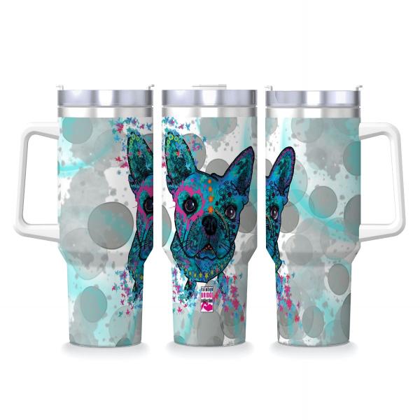 Tumbler mit Hundemotiv Elli - Edelstahl, Becher, 1L, mit Strohhalm, bunt, Motive in Digitaler Popart, Französische Bulldogge, Bully, Frenchi