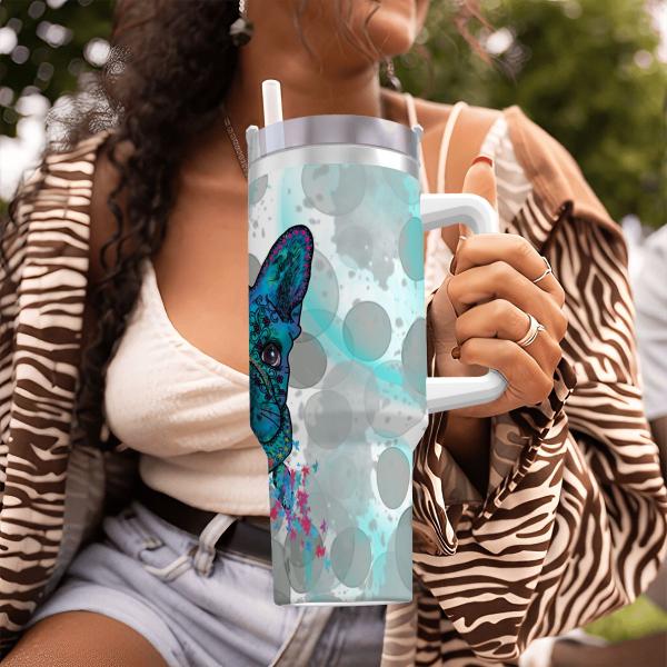 Tumbler mit Hundemotiv Elli - Edelstahl, Becher, 1L, mit Strohhalm, bunt, Motive in Digitaler Popart, Französische Bulldogge, Bully, Frenchi