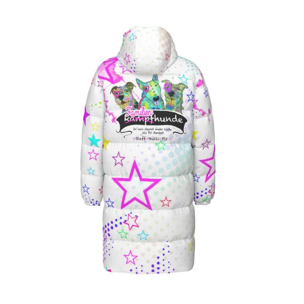 Warme Wintermantel mit Hundemotiv Familienhunde – Popart Hundemotiv, 90% Daunen, 10% Federn, bunt, stylisch, AmStaff, Staff, Staffordshire, Pitbull, Pit, Soka, XXL Bully, Größe XS- 4XL