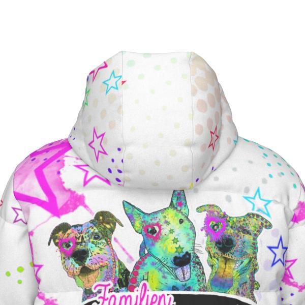 Warme Wintermantel mit Hundemotiv Familienhunde – Popart Hundemotiv, 90% Daunen, 10% Federn, bunt, stylisch, AmStaff, Staff, Staffordshire, Pitbull, Pit, Soka, XXL Bully, Größe XS- 4XL