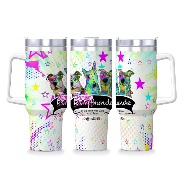 Tumbler mit Hundemotiv Familienhunde - Edelstahl, Becher, 1L, mit Strohhalm, bunt, Motive in Digitaler Popart, AmStaff, Staffordshire, Bullterrier, Bulli, Pitbull, Pit, SOKA, Listenhund