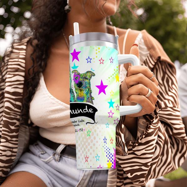 Tumbler mit Hundemotiv Familienhunde - Edelstahl, Becher, 1L, mit Strohhalm, bunt, Motive in Digitaler Popart, AmStaff, Staffordshire, Bullterrier, Bulli, Pitbull, Pit, SOKA, Listenhund