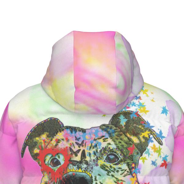 Warme Wintermantel mit Hundemotiv Hexe – Popart Hundemotiv, 90% Daunen, 10% Federn, bunt, stylisch, AmStaff, Staff, Staffordshire, Pitbull, Pit, Soka, Größe XS- 4XL