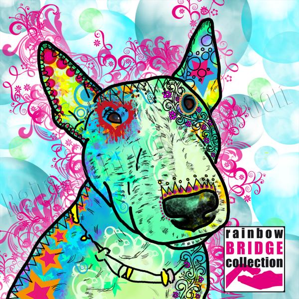 Hundemotiv Kalli - Bild auf Leinwand, Kunstdruck, Popart, Bunt, Bullterrier, Bulli, Mini, Mix, Blau, Pink, 40cm, 60cm, 100cm
