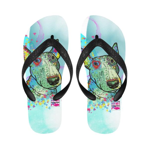 Flip Flops Hundemotiv Kalli - Strandsandalen, Sandalen, bunt, Grösse 38-45, Unisex, Mischling, Mix, Bullterrier, Bulli, SOKA, Listenhund